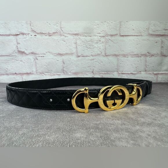 Gucci Zumi Black Leather Quilted Belt with Gold Buckle 550122 90/36 - Picture 2 of 10